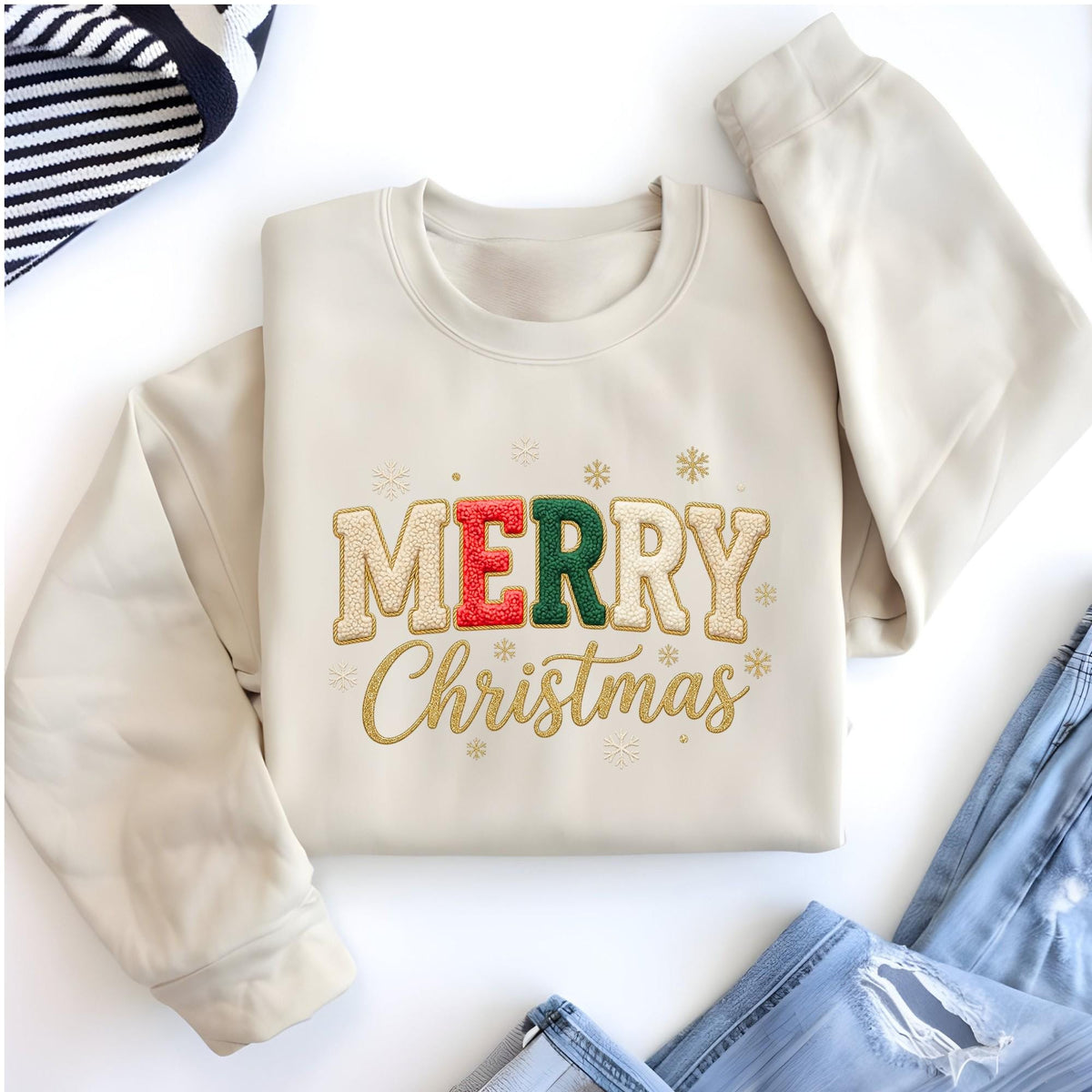 Comfort Colors® Embroidered Look Merry Christmas Sweatshirt, Embriodery Look Xmas Gift Shirt