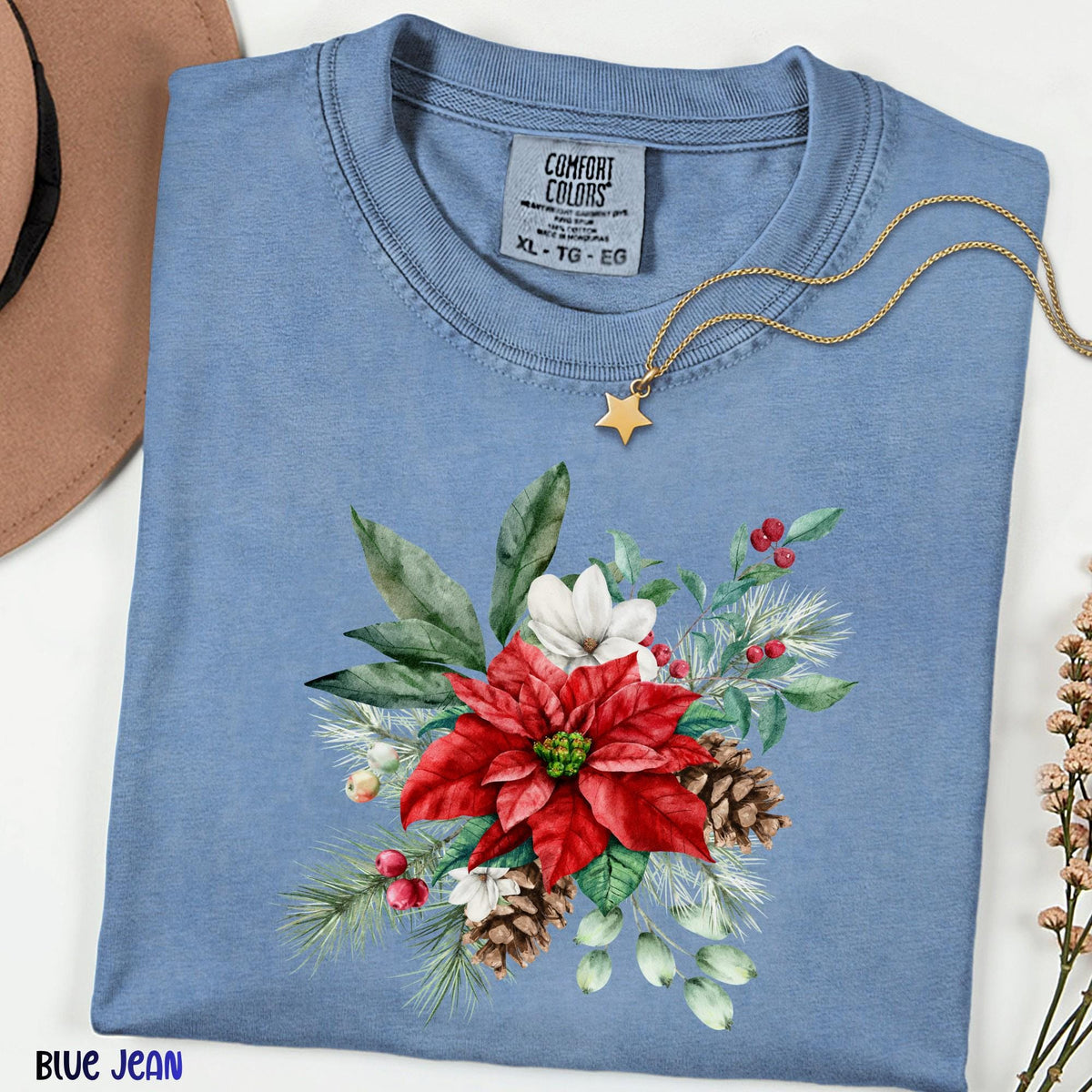 Christmas Floral Comfort Colors® Shirt, Family Christmas Shirt, Vintage Botanical Tee, Unisex Holiday Shirt, Christmas Gift for Women