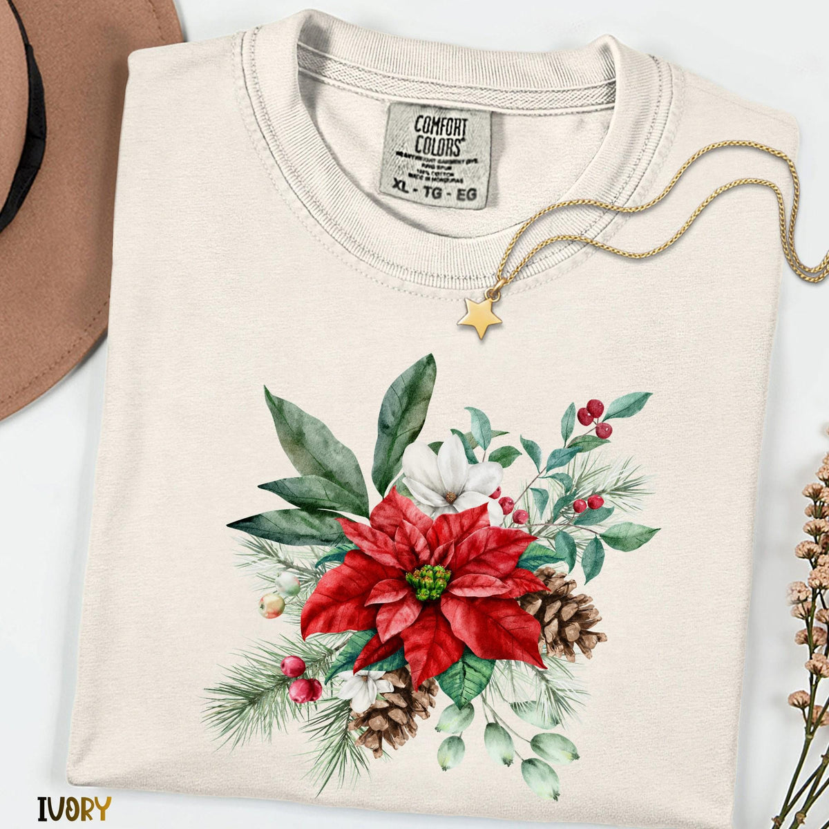 Christmas Floral Comfort Colors® Shirt, Family Christmas Shirt, Vintage Botanical Tee, Unisex Holiday Shirt, Christmas Gift for Women