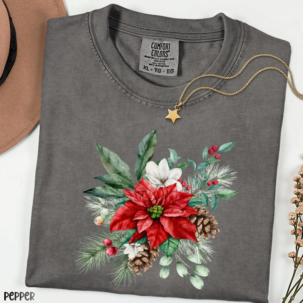 Christmas Floral Comfort Colors® Shirt, Family Christmas Shirt, Vintage Botanical Tee, Unisex Holiday Shirt, Christmas Gift for Women