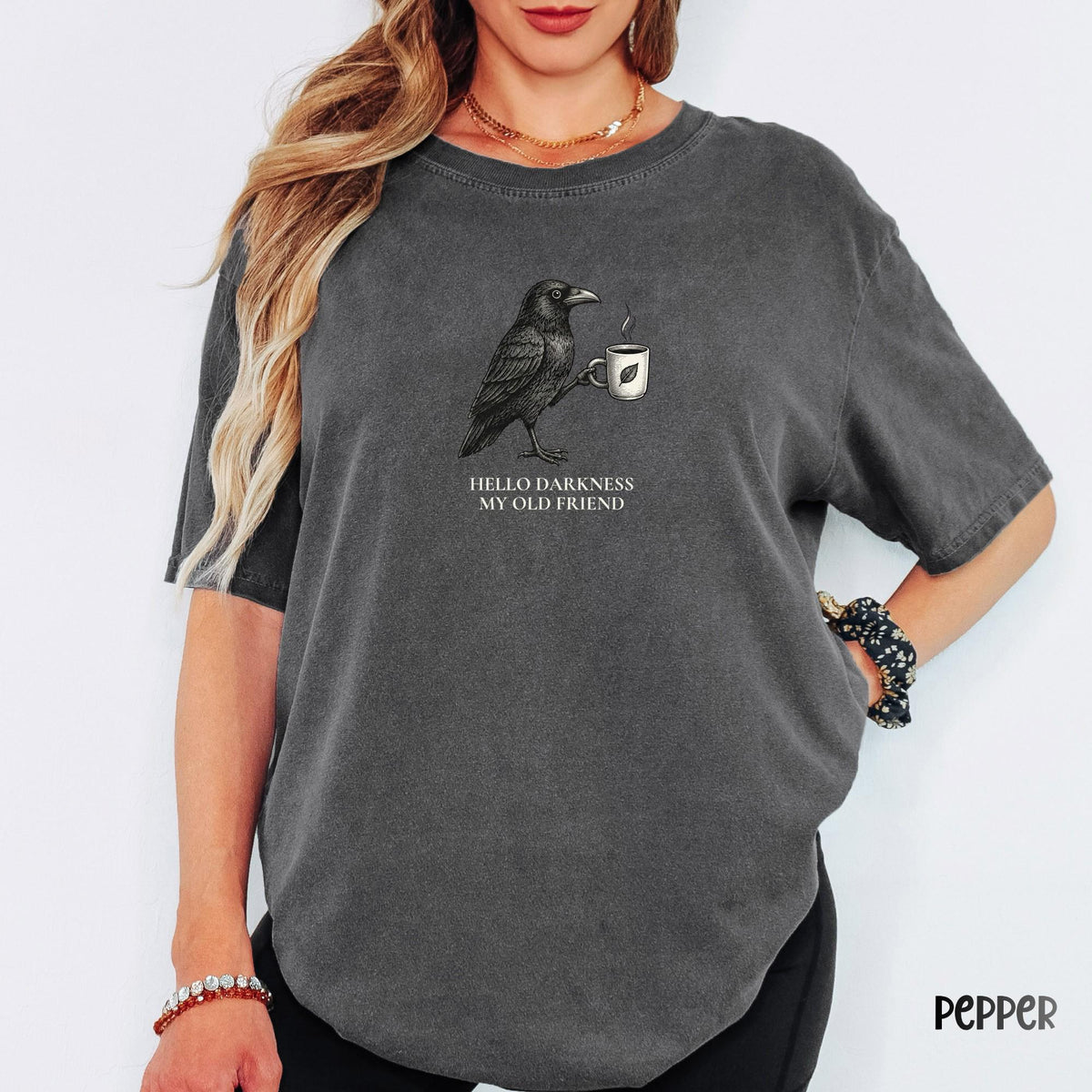 Hello Darkness Raven Coffee Shirt, Comfort Colors® Gothic Crow Graphic Tee, Vintage Bird T-Shirt, Spooky Coffee Lover Halloween Gift