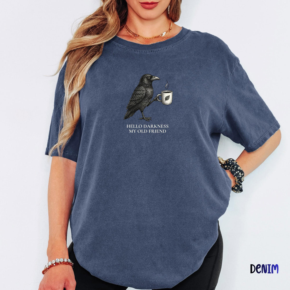 Hello Darkness Raven Coffee Shirt, Comfort Colors® Gothic Crow Graphic Tee, Vintage Bird T-Shirt, Spooky Coffee Lover Halloween Gift