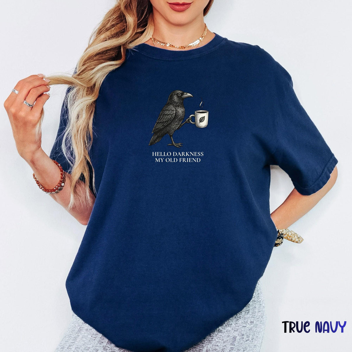 Hello Darkness Raven Coffee Shirt, Comfort Colors® Gothic Crow Graphic Tee, Vintage Bird T-Shirt, Spooky Coffee Lover Halloween Gift
