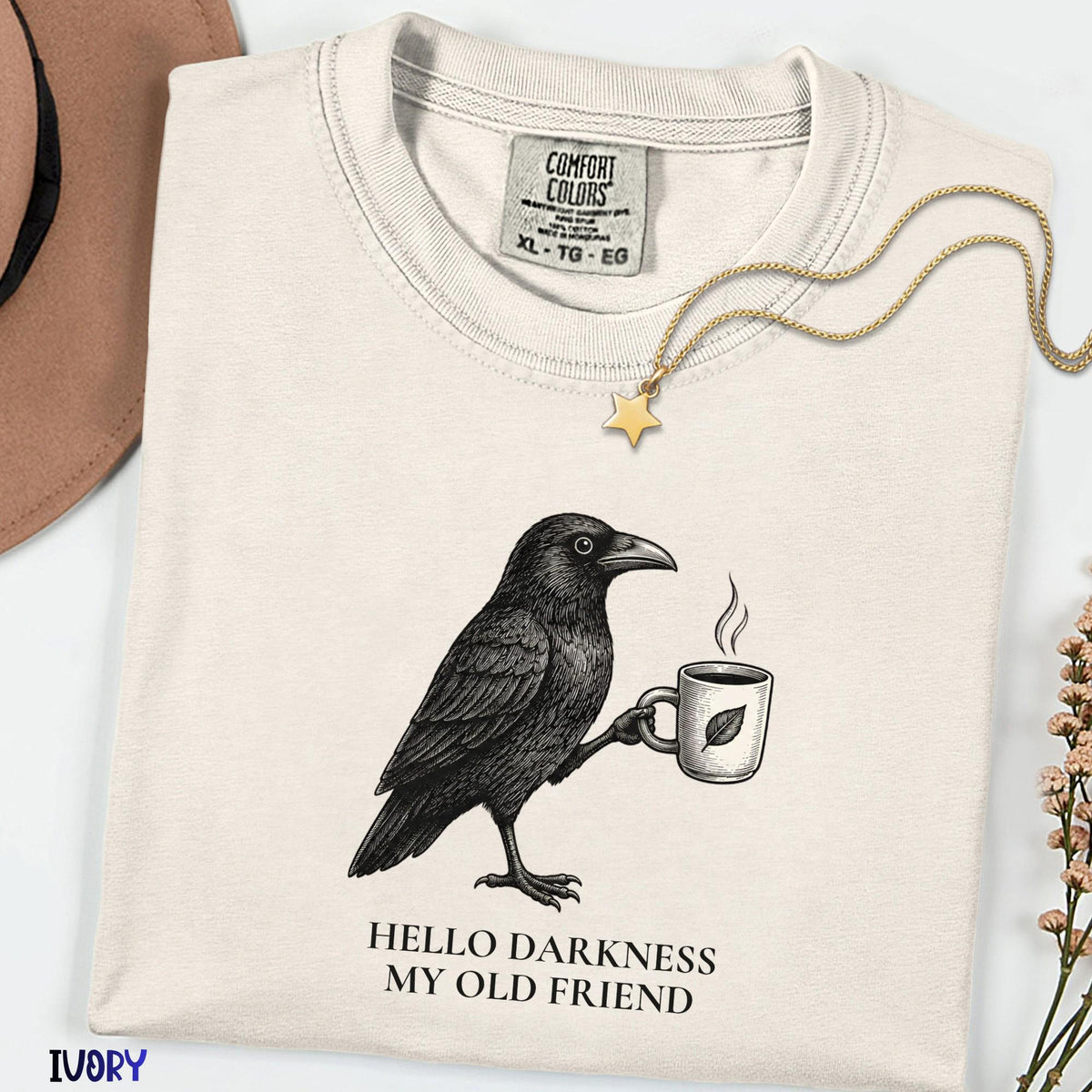 Hello Darkness Raven Coffee Shirt, Comfort Colors® Gothic Crow Graphic Tee, Vintage Bird T-Shirt, Spooky Coffee Lover Halloween Gift
