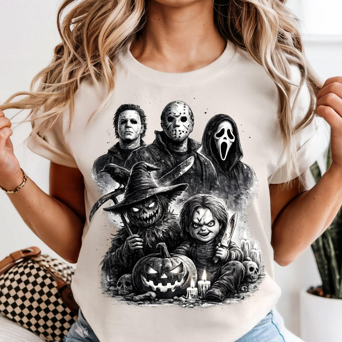 Retro Horror Movie Characters Halloween Shirt, Matching Halloween Party Tee, Spooky Group Costume Shirt, Halloween Gift