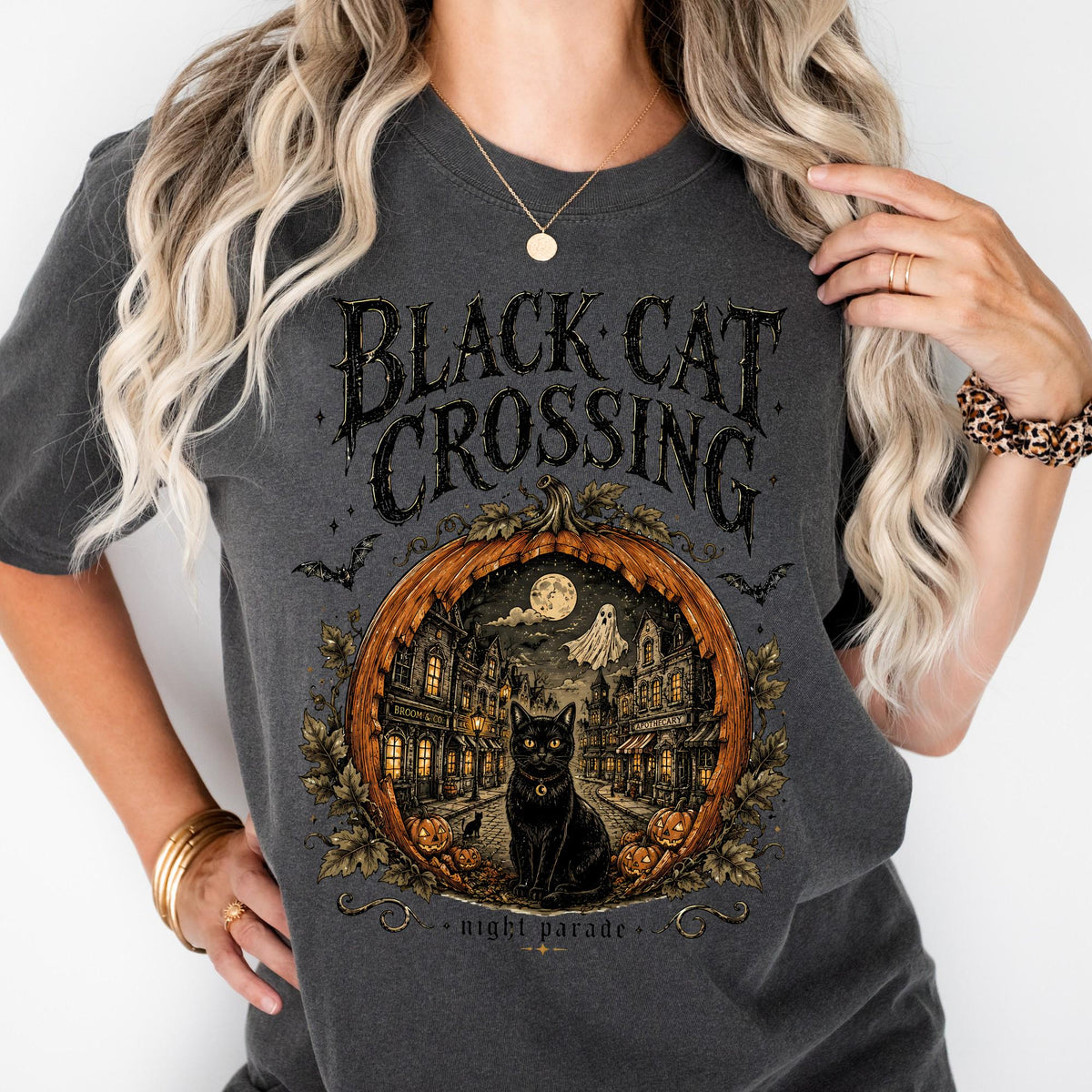 Halloween Black Cat Crossing Shirt, Comfort Colors Shirts For Women | Men Halloween Gift