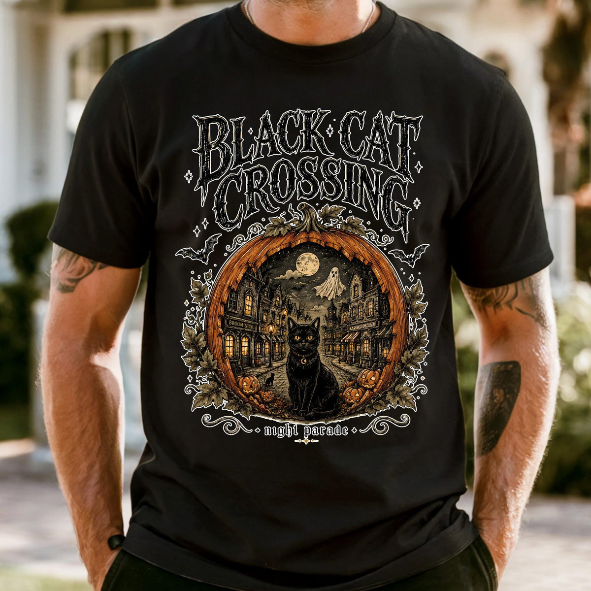 Halloween Black Cat Crossing Shirt, Comfort Colors Shirts For Women | Men Halloween Gift