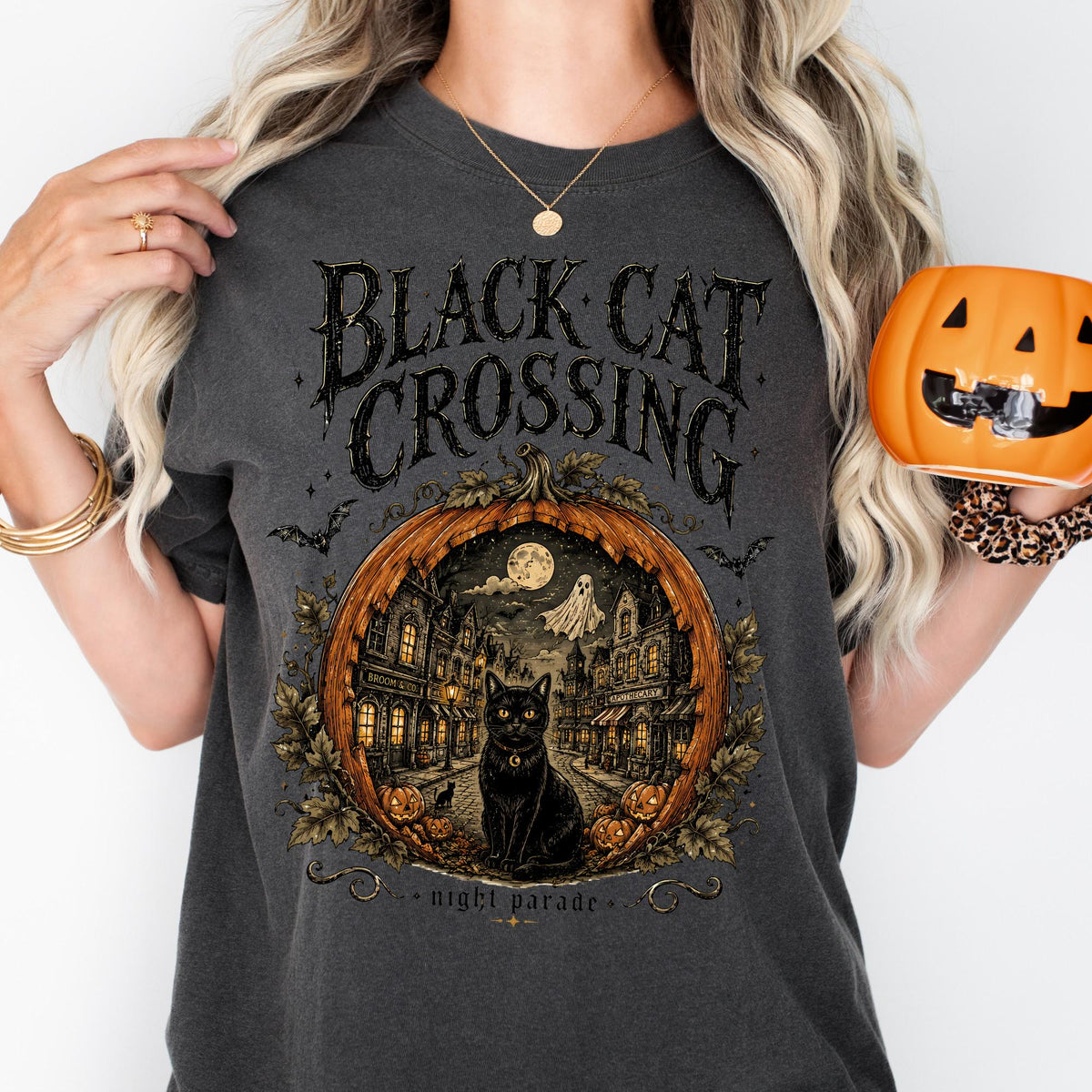 Halloween Black Cat Crossing Shirt, Comfort Colors Shirts For Women | Men Halloween Gift