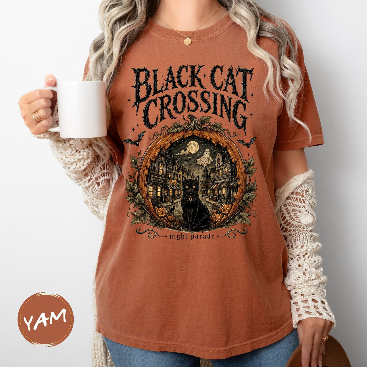 Halloween Black Cat Crossing Shirt, Comfort Colors Shirts For Women | Men Halloween Gift