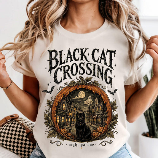 Halloween Black Cat Crossing Shirt, Comfort Colors Shirts For Women | Men Halloween Gift