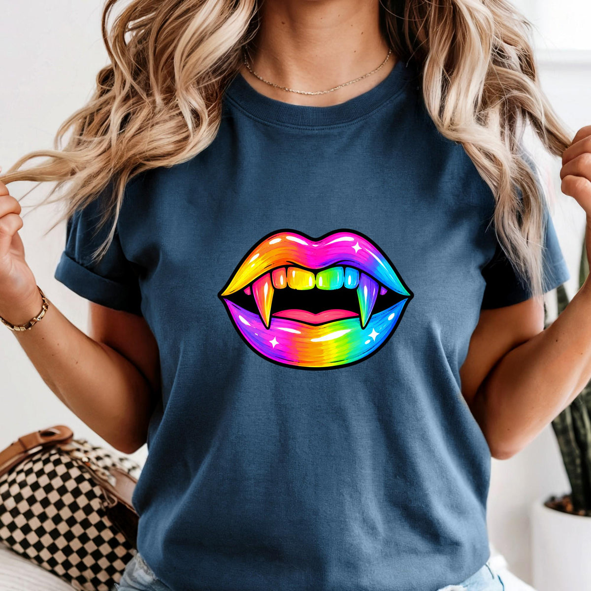 Neon Halloween Lips Shirt, Halloween Gift, Vampire Girl Shirt, Spooky Shirt For Women
