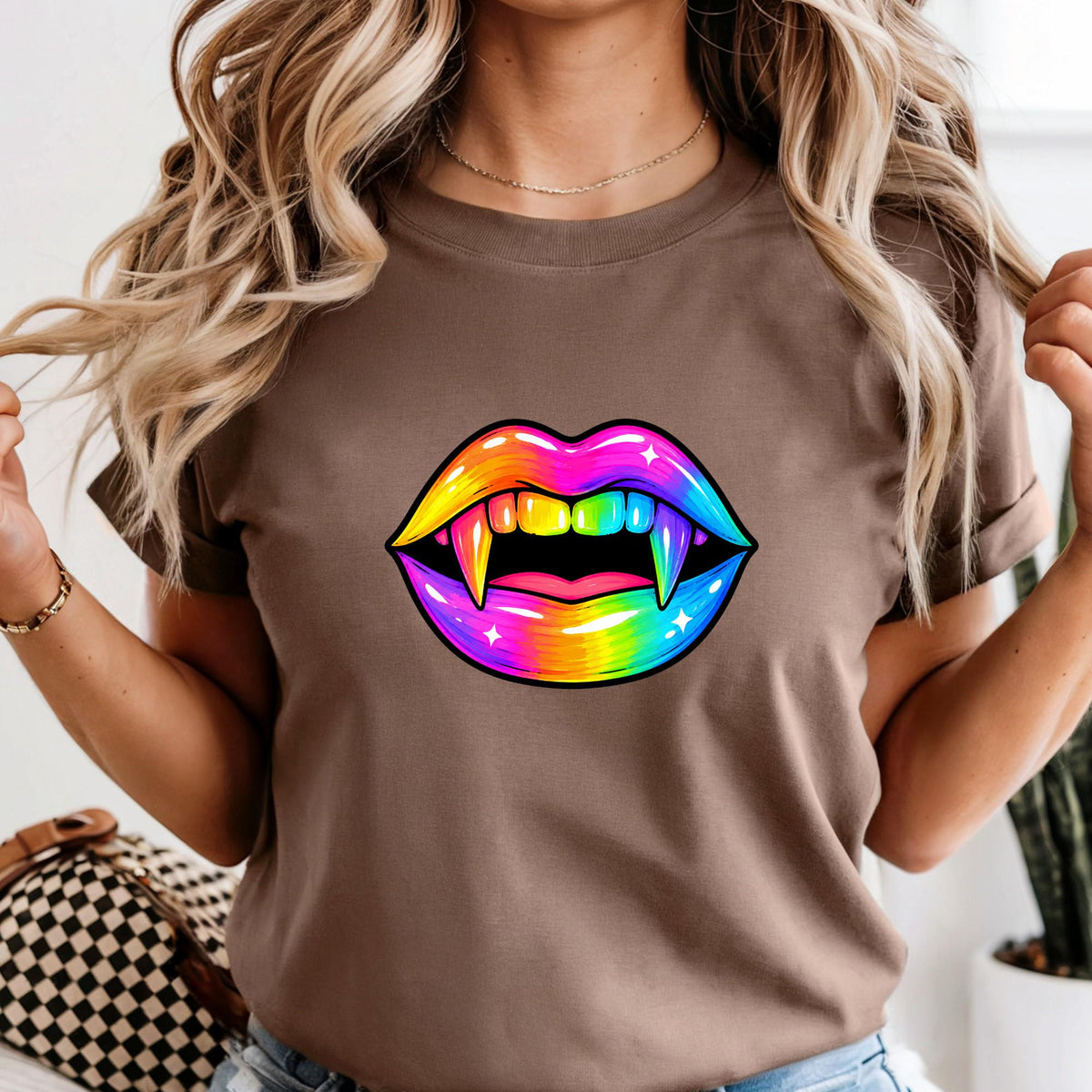 Neon Halloween Lips Shirt, Halloween Gift, Vampire Girl Shirt, Spooky Shirt For Women