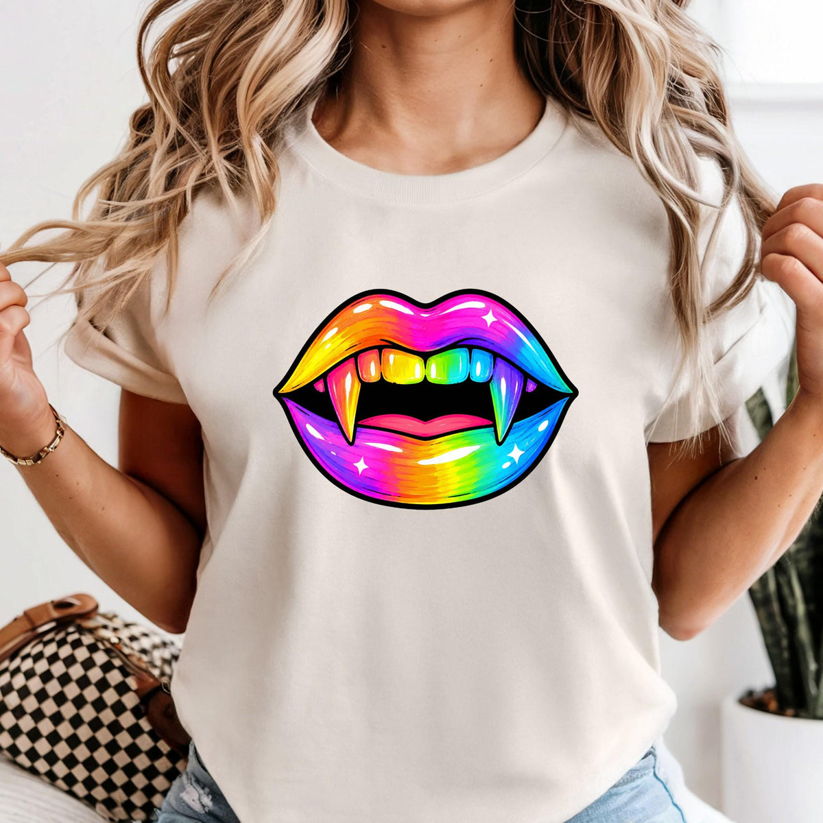Neon Halloween Lips Shirt, Halloween Gift, Vampire Girl Shirt, Spooky Shirt For Women