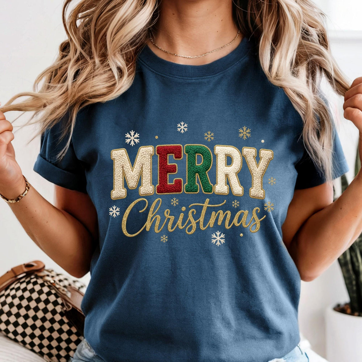 Comfort Colors® Embroidered Look Merry Christmas Shirt, Embriodery Look Xmas Gift Sweatshirt