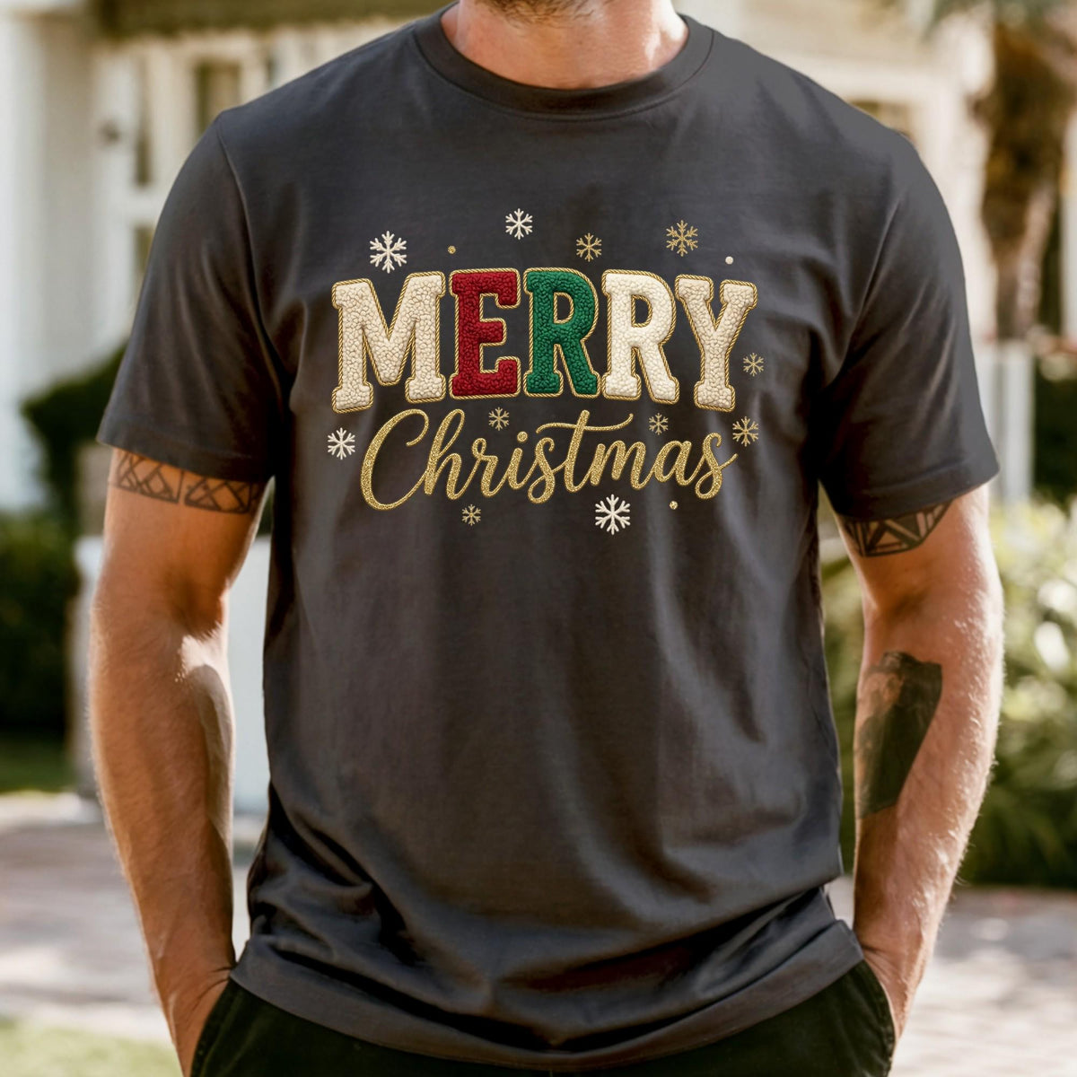 Comfort Colors® Embroidered Look Merry Christmas Shirt, Embriodery Look Xmas Gift Sweatshirt