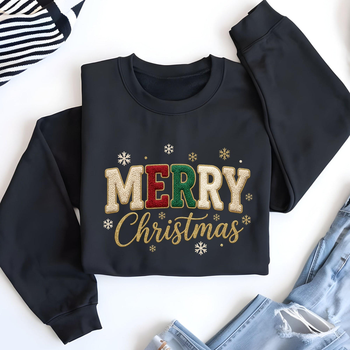 Comfort Colors® Embroidered Look Merry Christmas Sweatshirt, Embriodery Look Xmas Gift Shirt