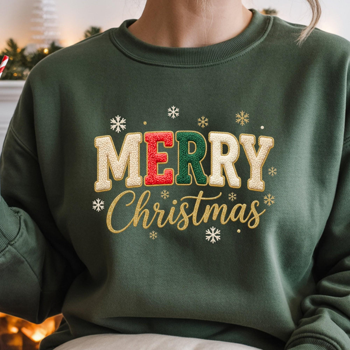 Comfort Colors® Embroidered Look Merry Christmas Sweatshirt, Embriodery Look Xmas Gift Shirt