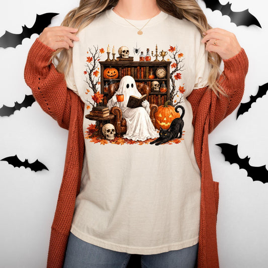 Comfort Colors® Retro Ghost Reading Shirt, Halloween Librarian Teacher Gift