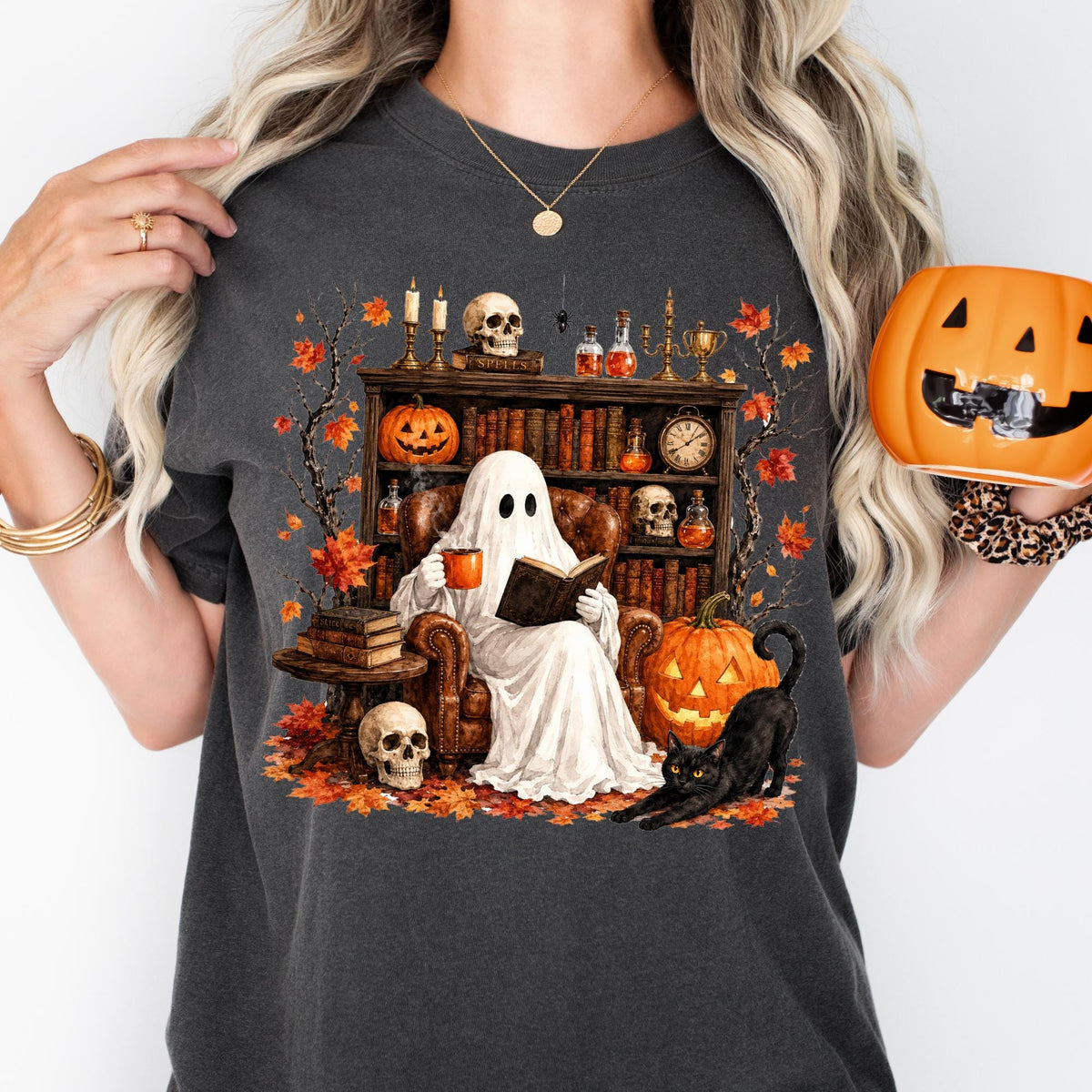 Comfort Colors® Retro Ghost Reading Shirt, Halloween Librarian Teacher Gift