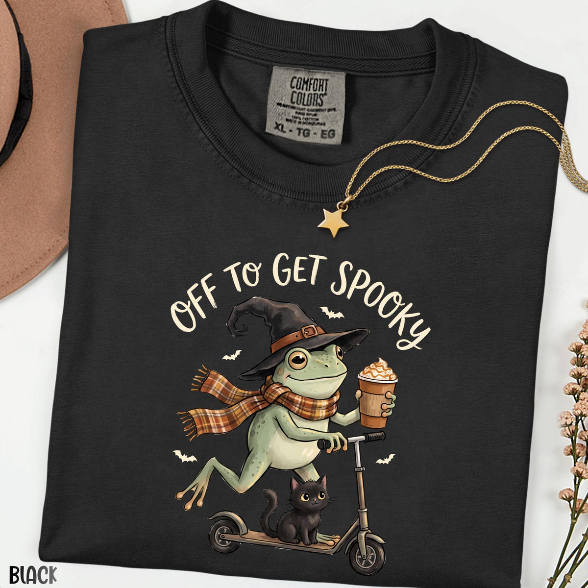 Off to Get Spooky Shirt, Funny Frog Halloween Tee, Comfort Colors® Black Cat Shirt, Cute Witch Frog Graphic Tee, Spooky Season Gift