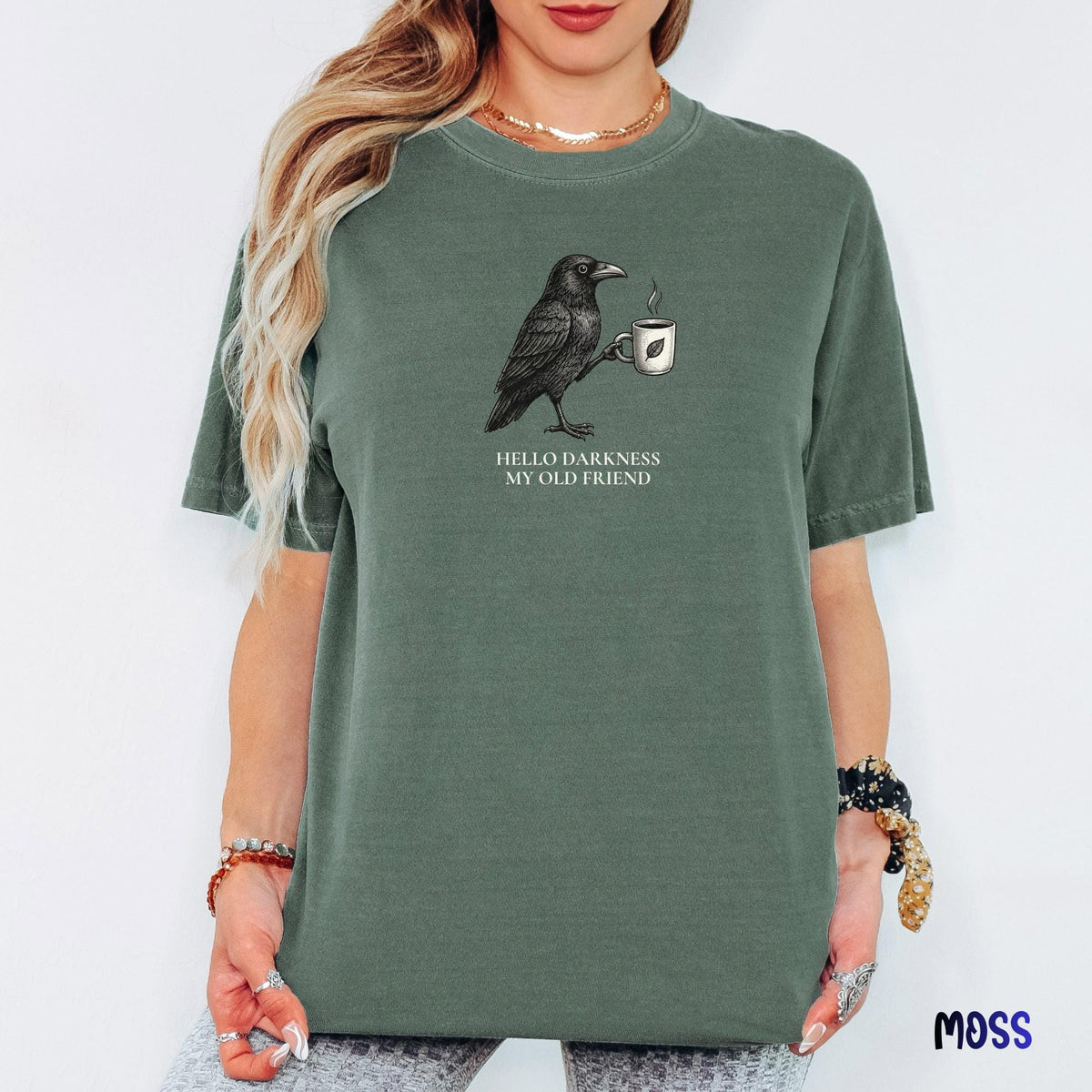 Hello Darkness Raven Coffee Shirt, Comfort Colors® Gothic Crow Graphic Tee, Vintage Bird T-Shirt, Spooky Coffee Lover Halloween Gift
