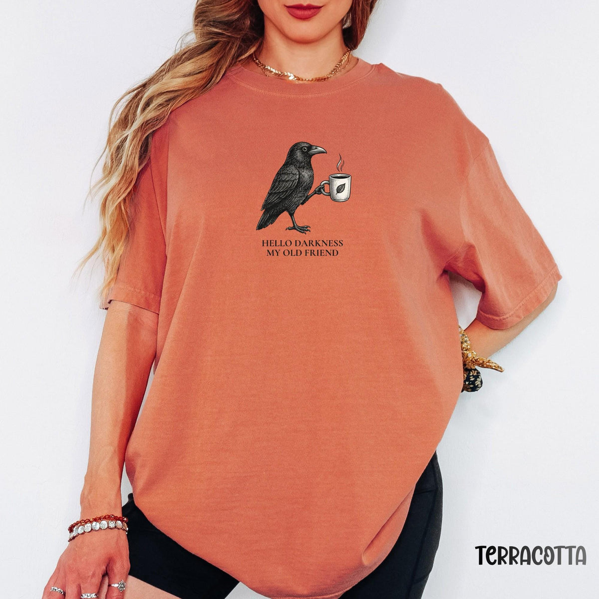Hello Darkness Raven Coffee Shirt, Comfort Colors® Gothic Crow Graphic Tee, Vintage Bird T-Shirt, Spooky Coffee Lover Halloween Gift