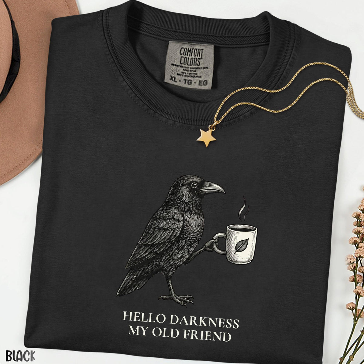 Hello Darkness Raven Coffee Shirt, Comfort Colors® Gothic Crow Graphic Tee, Vintage Bird T-Shirt, Spooky Coffee Lover Halloween Gift