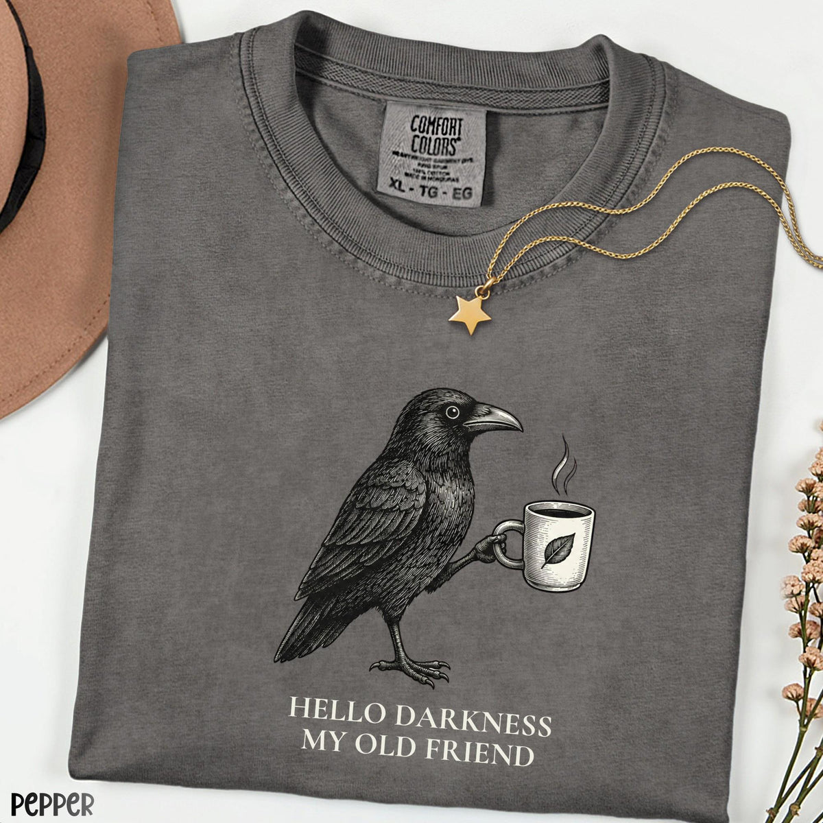 Hello Darkness Raven Coffee Shirt, Comfort Colors® Gothic Crow Graphic Tee, Vintage Bird T-Shirt, Spooky Coffee Lover Halloween Gift