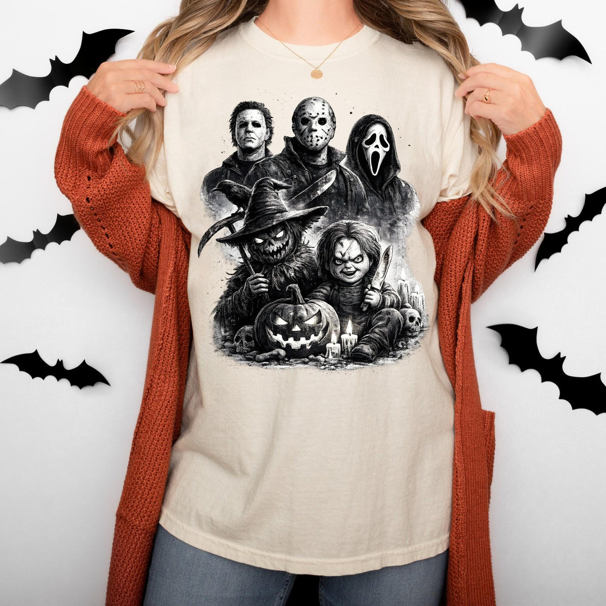 Retro Horror Movie Characters Halloween Shirt, Matching Halloween Party Tee, Spooky Group Costume Shirt, Halloween Gift
