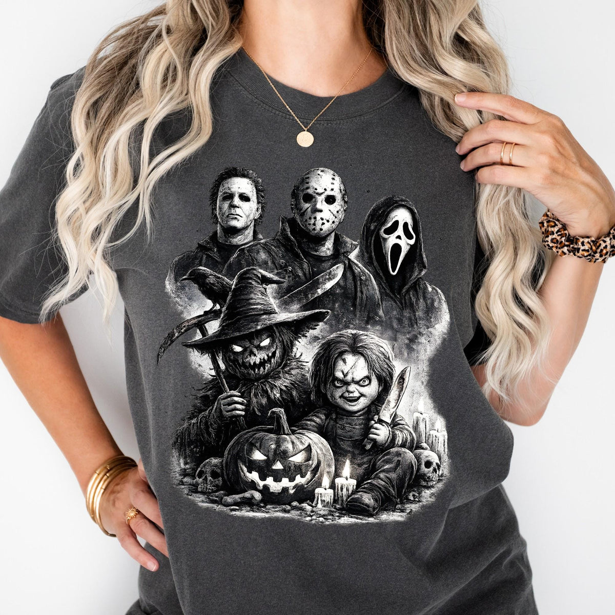 Retro Horror Movie Characters Halloween Shirt, Matching Halloween Party Tee, Spooky Group Costume Shirt, Halloween Gift