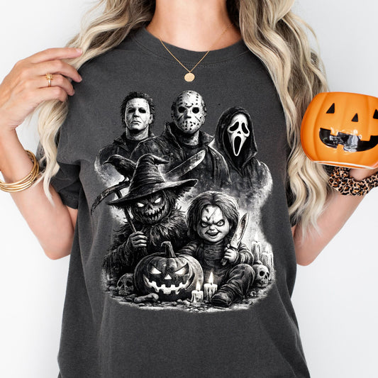 Retro Horror Movie Characters Halloween Shirt, Matching Halloween Party Tee, Spooky Group Costume Shirt, Halloween Gift