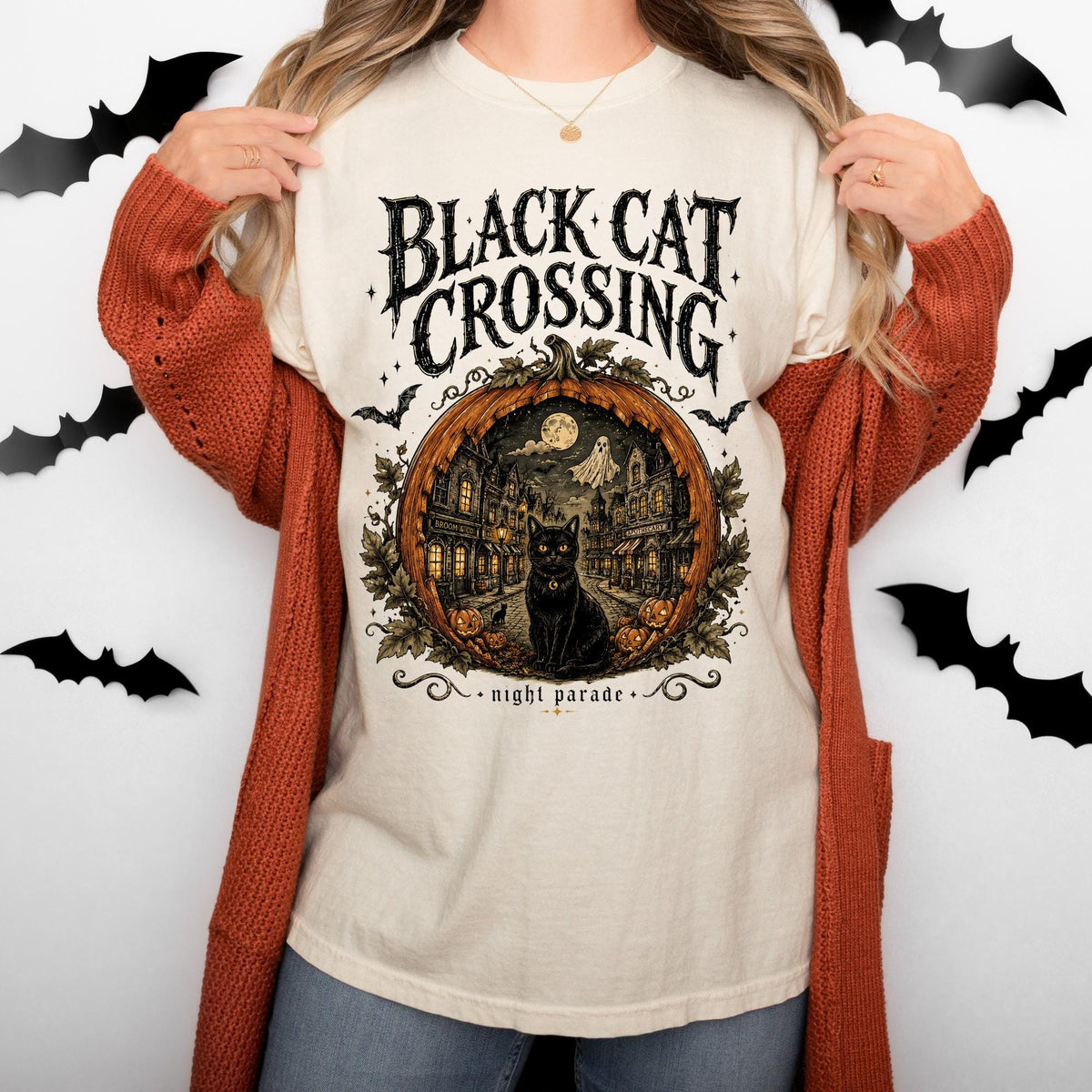 Halloween Black Cat Crossing Shirt, Comfort Colors Shirts For Women | Men Halloween Gift