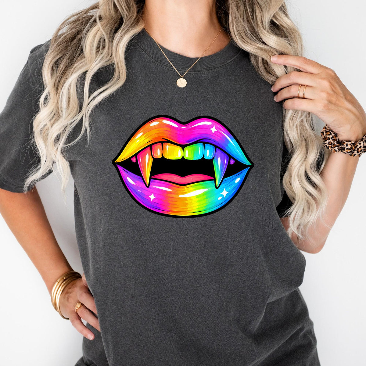 Neon Halloween Lips Shirt, Halloween Gift, Vampire Girl Shirt, Spooky Shirt For Women