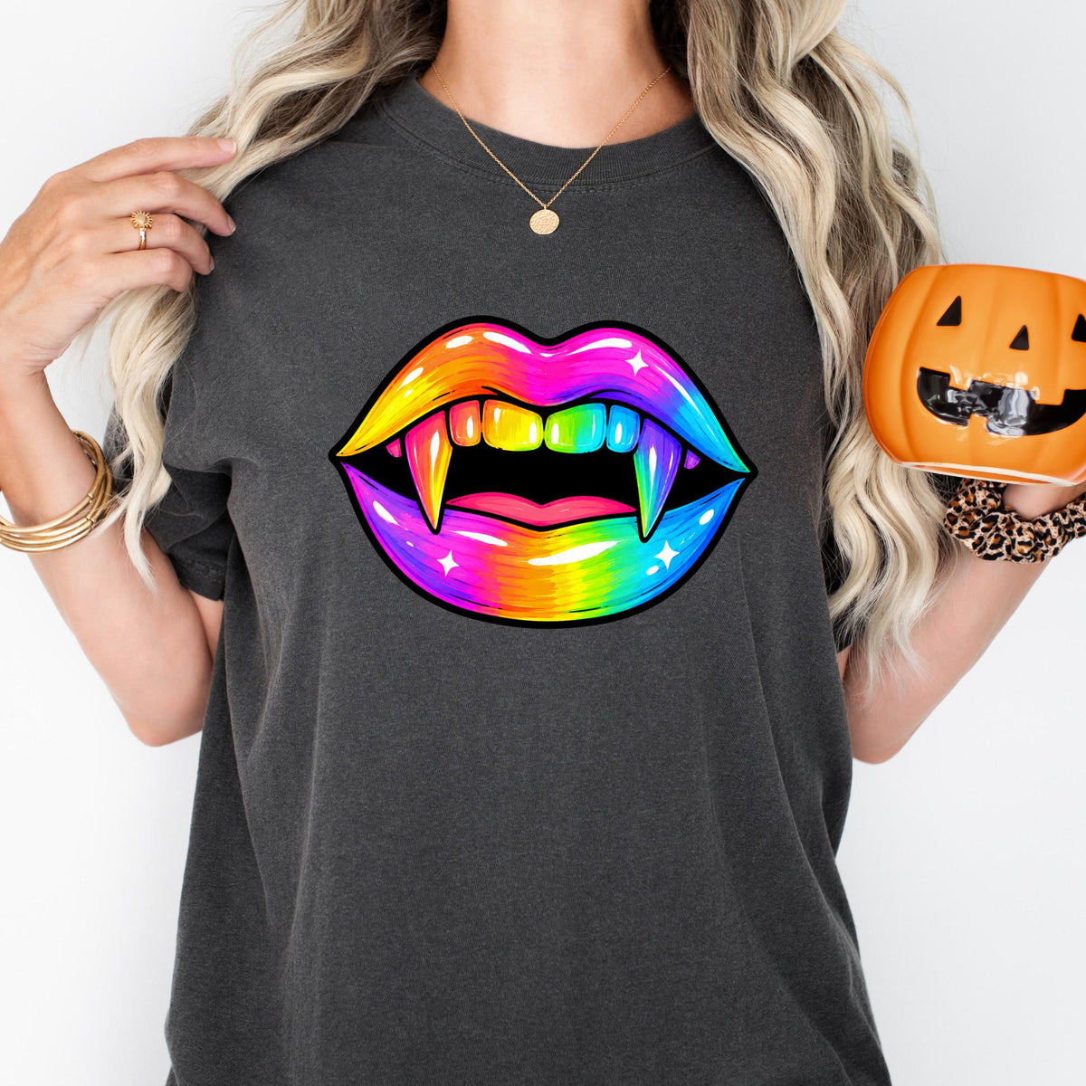 Neon Halloween Lips Shirt, Halloween Gift, Vampire Girl Shirt, Spooky Shirt For Women