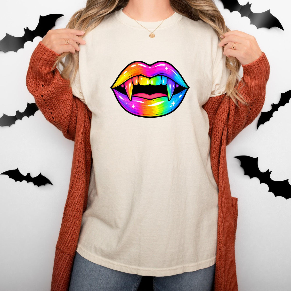 Neon Halloween Lips Shirt, Halloween Gift, Vampire Girl Shirt, Spooky Shirt For Women