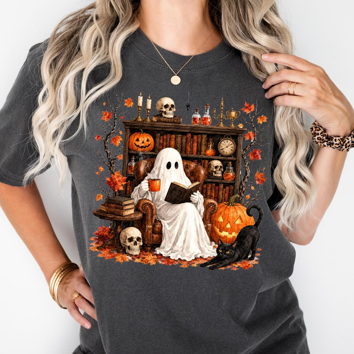 Comfort Colors® Retro Ghost Reading Shirt, Halloween Librarian Teacher Gift