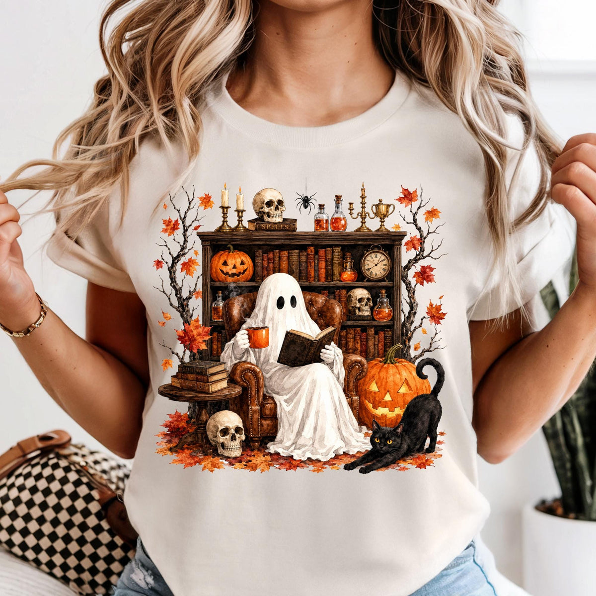 Comfort Colors® Retro Ghost Reading Shirt, Halloween Librarian Teacher Gift