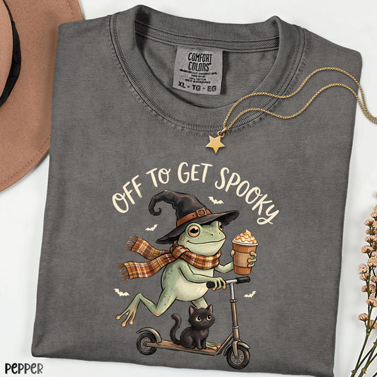 Off to Get Spooky Shirt, Funny Frog Halloween Tee, Comfort Colors® Black Cat Shirt, Cute Witch Frog Graphic Tee, Spooky Season Gift
