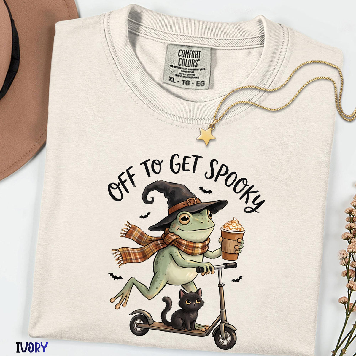 Off to Get Spooky Shirt, Funny Frog Halloween Tee, Comfort Colors® Black Cat Shirt, Cute Witch Frog Graphic Tee, Spooky Season Gift