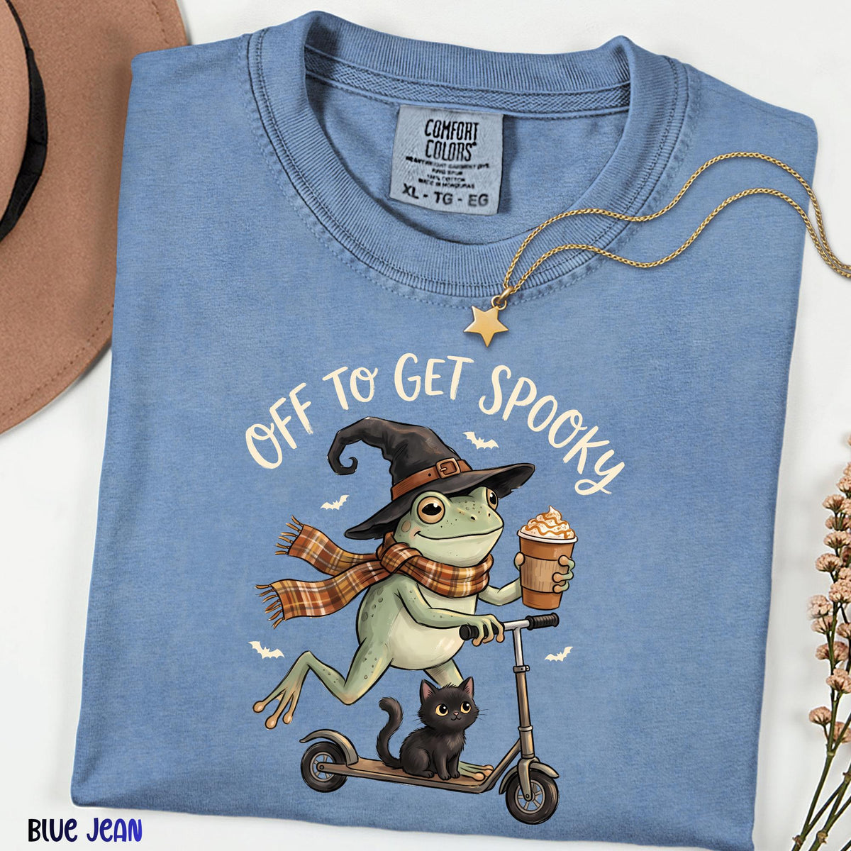 Off to Get Spooky Shirt, Funny Frog Halloween Tee, Comfort Colors® Black Cat Shirt, Cute Witch Frog Graphic Tee, Spooky Season Gift